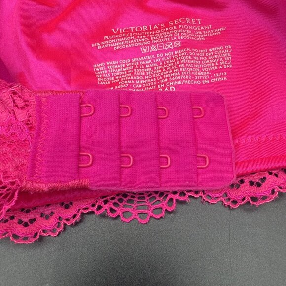 VICTORIA’S SECRET Plunge Hot Pink Lace Push Up Underwire Bra Sz 36D Sexy - Picture 5 of 12